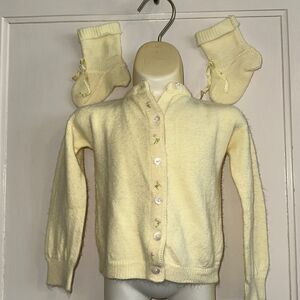 Vintage baby girl yellow cardigan sweater with matching knit booties